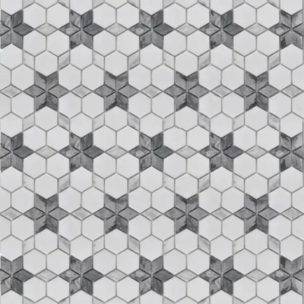 Celestial Hexagon Marble Mosaic marble mosaic tile featuring interlocking grey star patterns within white hexagonal tiles, creating a modern and elegant geometric design.