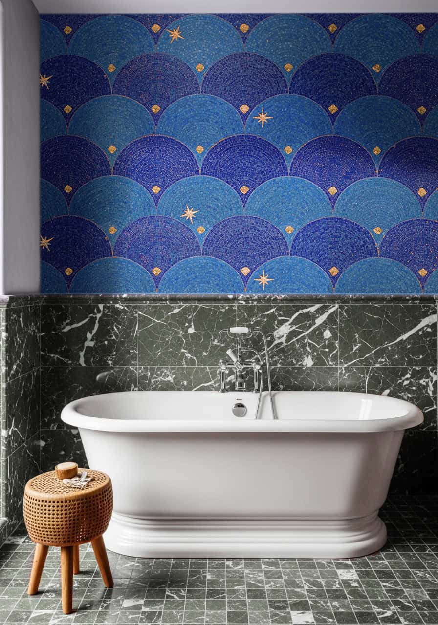 bathroom mosaic wall featuring deep blue scalloped wave patterns with golden stars and accents, installed above a freestanding bathtub with marble surroundings.