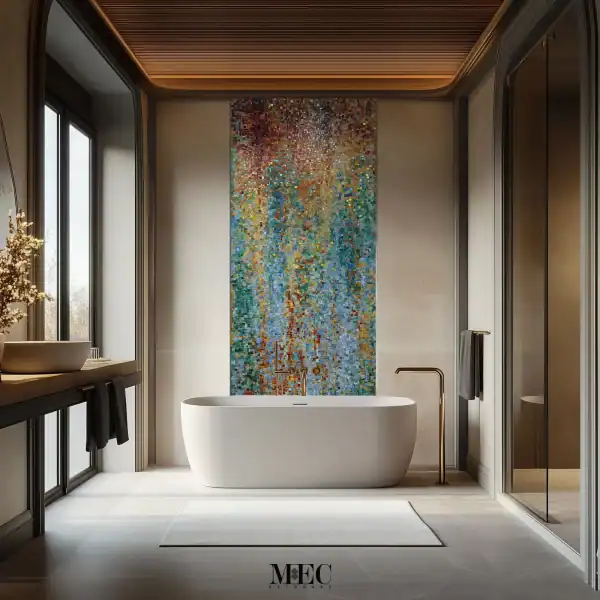 Chromatic Cascade Mosaic Mural Abstract multicolor mosaic mural with cascading gradient design in red, blue, gold, and green tones, creating a vibrant artistic wall feature.