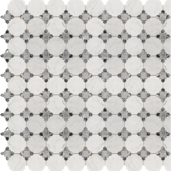 Classic Grey Marble Mosaic Design Minimalist circle marble mosaic tile featuring interlinked circular and diamond motifs in white and grey marble for a refined and elegant geometric design.