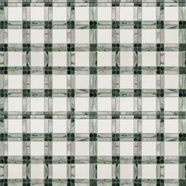 Classic Tartan Grid Mosaic Tartan plaid marble mosaic tile with a grid pattern of white, grey, and green marble squares framed by darker green accents, creating a classic plaid-inspired design