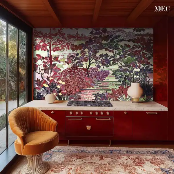 Crimson Grove Mosaic Backsplash Kitchen mosaic backsplash with a vibrant garden scene in shades of red, purple, and green, featuring trees, foliage, and artistic glass tile detailing.
