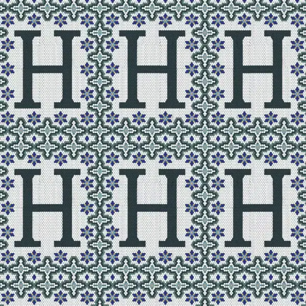 Custom Monogrammed Mosaic H mosaic tile pattern with bold letter H framed by geometric borders and blue floral accents, creating a personalized and elegant tile design.