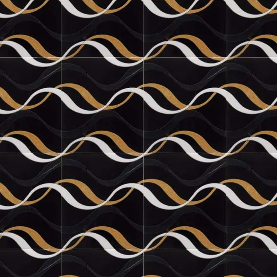 Luxurious black marble mosaic tile featuring flowing wave patterns in gold and white, creating a dynamic and elegant sense of motion.