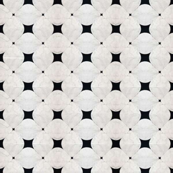 Eclipse Petal Marble Mosaic White marble mosaic with interlocking petal-shaped tiles set against a black background, forming a bold and elegant geometric pattern