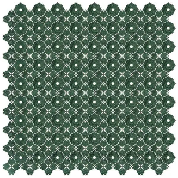 Emerald Bloom Marble Mosaic Emerald green marble mosaic featuring an intricate floral arabesque pattern with interlocking petal shapes and white veining for a luxurious ornamental look.