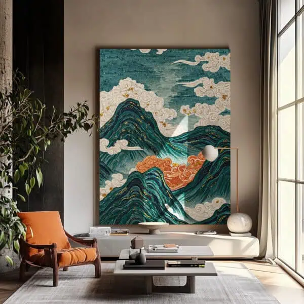 Emerald Peaks Mosaic Celestial mountain mosaic wall art featuring teal peaks, swirling clouds, and golden accents, creating a dramatic and serene feature wall for luxury interiors.
