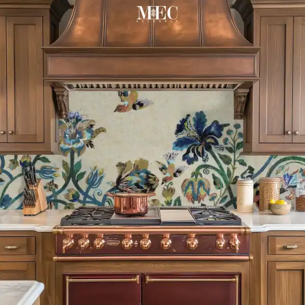 Floral & Bird Mosaic Backsplash Colorful kitchen backsplash mosaic with large floral motifs and flying birds, handcrafted from glass mosaic tiles in shades of blue, green, gold, and cream.
