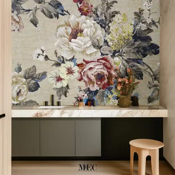 Floral Elegance Mosaic Mural Floral mosaic mural featuring large ivory, blush, and red blossoms with intricate leaves, designed as a decorative bathroom wall mosaic.
