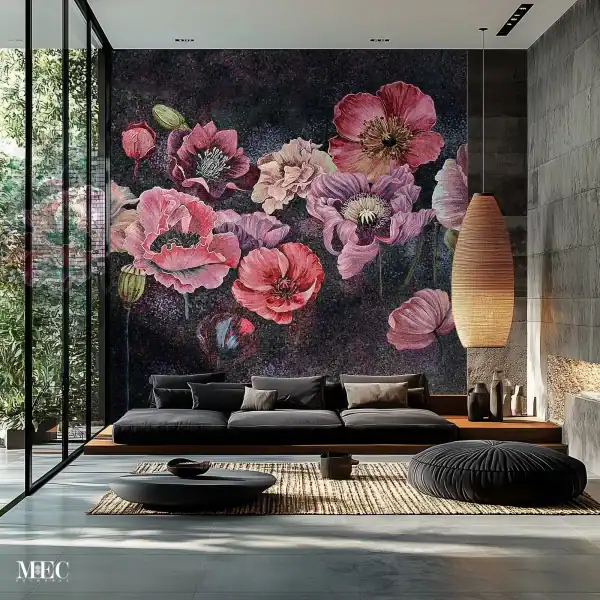 Floral Noir Mosaic Wall Mosaic wall featuring large red, pink, and purple flowers set against a deep black background in a modern living room with floor-to-ceiling glass windows.