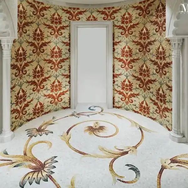 Floral Swirl Mosaic Flooring Luxury floor mosaic with swirling scroll patterns and floral motifs in warm gold, burgundy, and green accents on a white background.