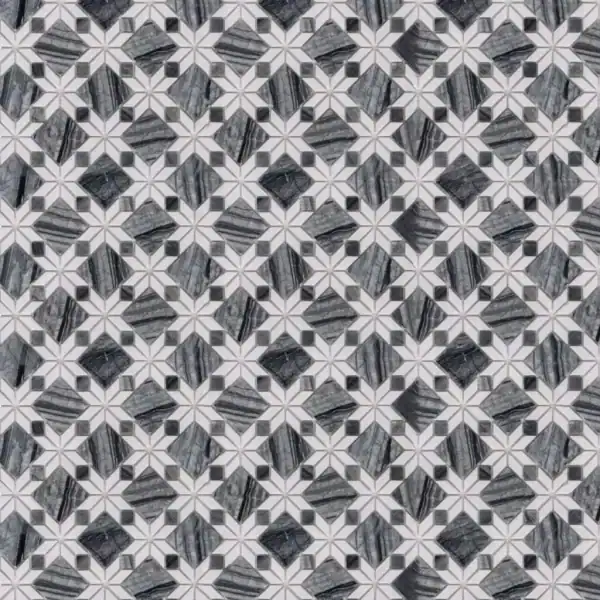 Geometric Flower Marble Mosaic Floral Marble Mosaic with grey and white marble tiles arranged in a geometric floral-inspired pattern, blending natural veining with structured design for walls and floors.