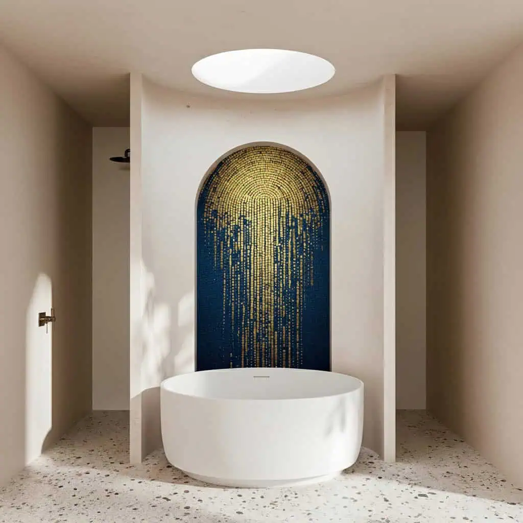 mosaic set within an arched niche above a freestanding white bathtub, featuring gold tesserae flowing down over a deep indigo background, illuminated by natural skylight