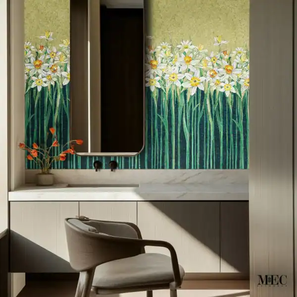 Golden Daffodils Mosaic Mural Floral mosaic mural featuring white daffodils with yellow centers on tall green stems, set against a soft green and teal background, ideal for bathroom or interior wall decor.