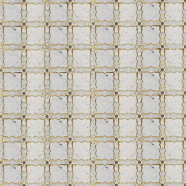 Golden Frame Marble Mosaic Square marble mosaic featuring white marble tiles outlined with gold borders and circular corner accents, creating an elegant geometric grid pattern.