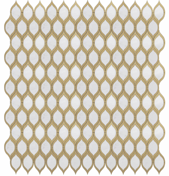 Golden Leaf Marble Mosaic Tile marble mosaic featuring elongated leaf-shaped tiles outlined in gold, forming a rhythmic and elegant geometric pattern.