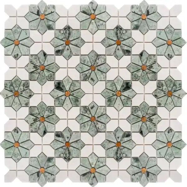 Green Petal Stone Mosaic “Floral medallion marble mosaic tile featuring green marble petals with golden-brown centers on a white marble background, creating an elegant flower-inspired pattern.