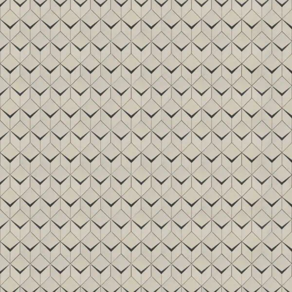 Beige marble mosaic featuring a geometric cube pattern with soft gray outlines, creating a subtle three-dimensional optical illusion effect