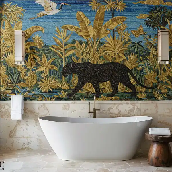 Black panther mosaic mural with golden tropical foliage and a vivid blue sky, handcrafted wall art for interiors.