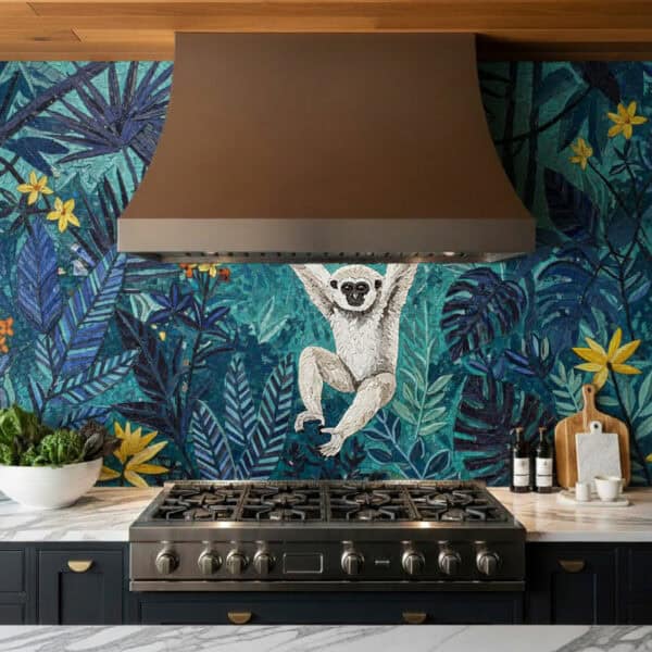 Tropical jungle mosaic backsplash featuring a playful white monkey swinging among lush green foliage and vibrant flowers, set behind a modern kitchen stove