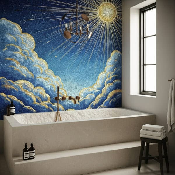 Lumina Skies Mosaic Mural Luxurious bathroom mosaic wall featuring a radiant sun with golden rays and shimmering clouds over a deep blue sky.