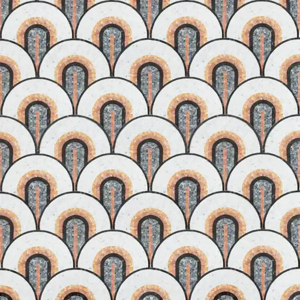 Luxury Deco Marble Mosaic Art Deco Fan Mosaic Tile with semi-circular fan patterns in black, white, grey, and orange tones, inspired by vintage 1920s design, ideal for statement walls, bathrooms, and backsplashes