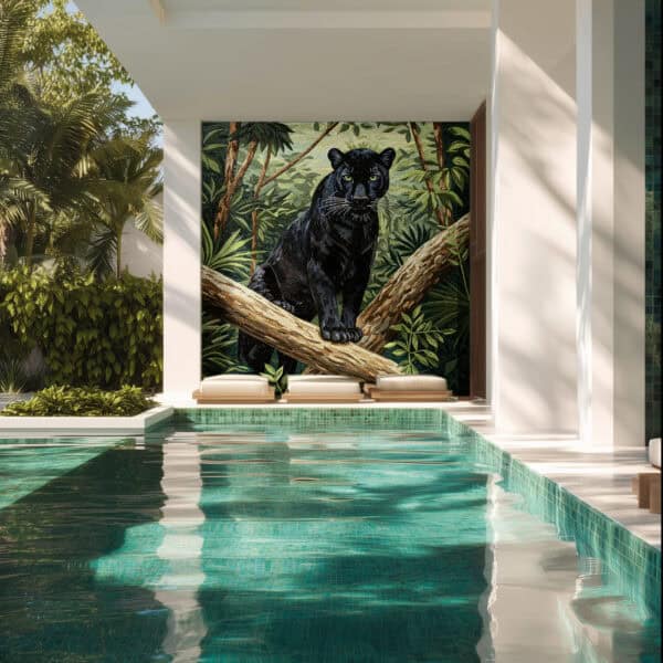 Majestic Panther Mosaic Mural Luxury black panther mosaic mural on a poolside wall, featuring jungle foliage and a bold artistic design for outdoor spaces.