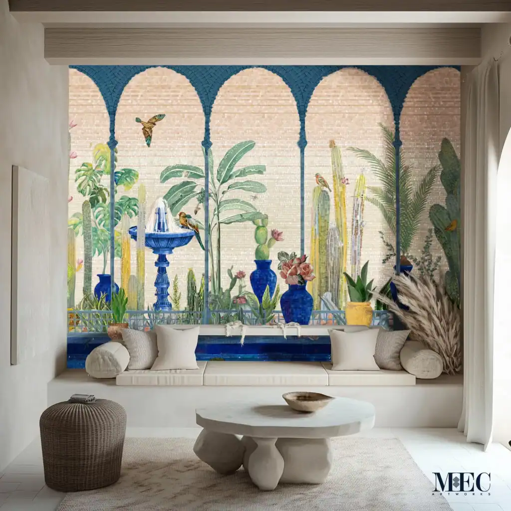 Mosaic mural showing a Mediterranean courtyard with blue fountain, lush greenery, terracotta vases, and birds under arched colonnades.