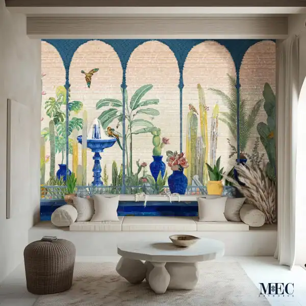 Mediterranean Garden Mosaic Mural Mosaic mural showing a Mediterranean courtyard with blue fountain, lush greenery, terracotta vases, and birds under arched colonnades.