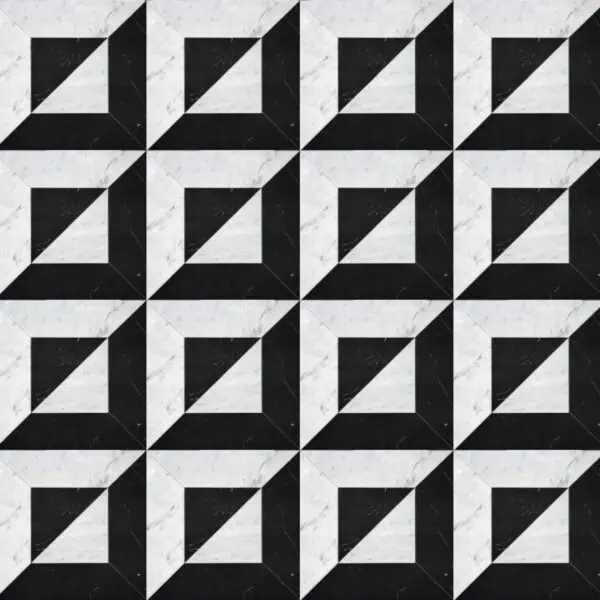 Monochrome Illusion Marble Mosaic Black and white geometric marble mosaic featuring alternating square and diagonal patterns creating a 3D optical illusion effect.
