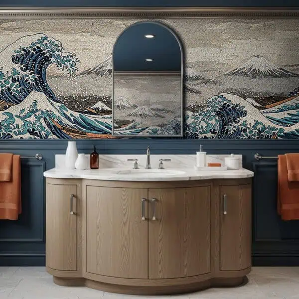 Mount Fuji Wave Mosaic Great Wave mosaic bathroom wall inspired by Hokusai, featuring dynamic blue waves, Mount Fuji, and artistic handcrafted glass and stone tiles.