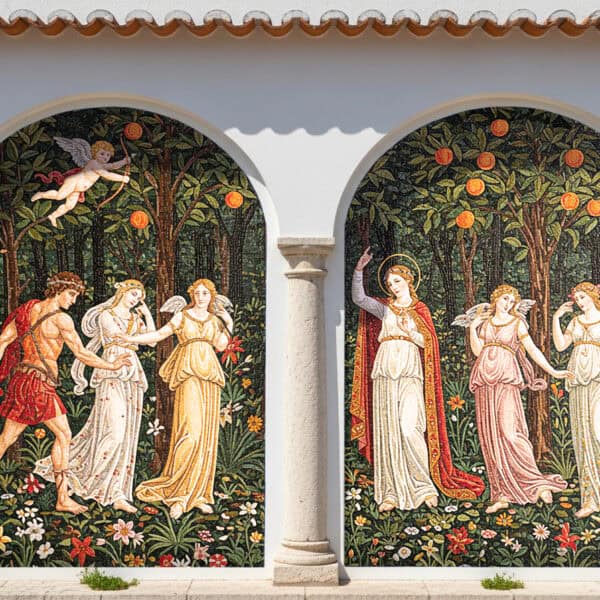 Mythological Garden Mosaic Mural Handcrafted outdoor mosaic wall mural depicting mythological figures, angels, and lush garden scenery with Renaissance-inspired artistry.