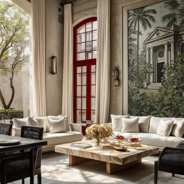 Neoclassical Garden Mosaic Mural Elegant wall mosaic mural depicting a neoclassical villa surrounded by palm trees and lush greenery, designed for sophisticated interiors.