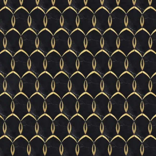 Noir Eclipse Marble Mosaic Black marble mosaic featuring interlocking gold-edged petal shapes arranged in a symmetrical pattern, creating a luxurious and elegant geometric design.