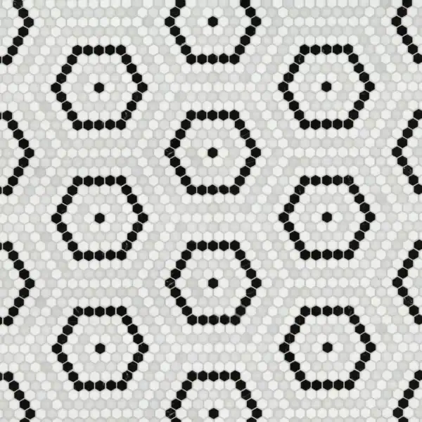 Pixelated Honeycomb Marble Mosaic Black and white honeycomb pixel marble mosaic tile with hexagonal patterns, creating a bold monochrome geometric design for modern walls and floors.