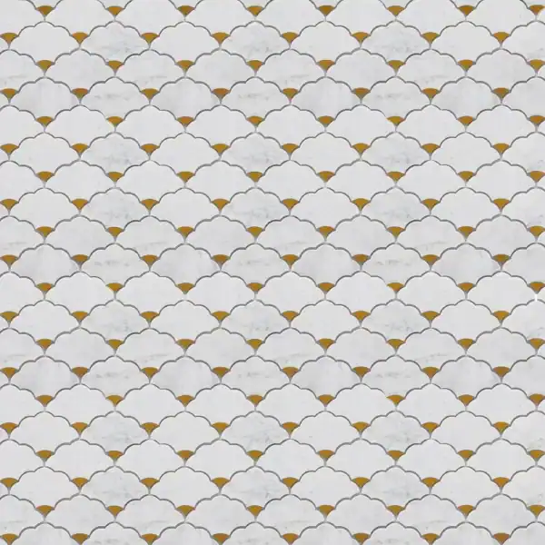 Radiant Drops Marble Mosaic Elegant teardrop marble mosaic tile with white stone and golden accents arranged in a scallop pattern, perfect for luxury bathrooms, kitchens, and feature walls.