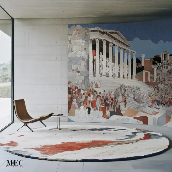 Roman Temple Scene Mosaic Mural Mosaic wall depicting a grand Roman temple with towering columns, crowds gathered on the steps, and detailed architecture in the background inside a contemporary room.