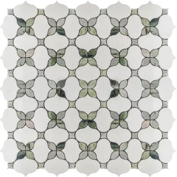 Serene Clover Marble Mosaic Cloverleaf marble mosaic tile with white marble petals and green-grey marble accents forming a repeating clover pattern for a refined and organic look.