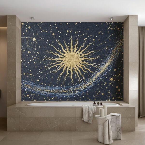 Solar Radiance Mosaic Wall "Luxury bathroom mosaic wall featuring a radiant golden sun with constellations and flowing starry patterns on a deep blue background.