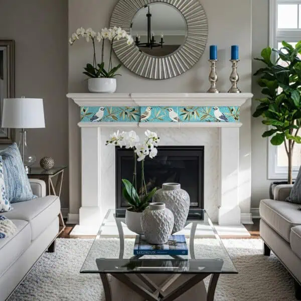 Songbird Serenity Mosaic Border Handmade mosaic tile border featuring delicate songbirds and leafy branches on a turquoise background, used as a fireplace trim.