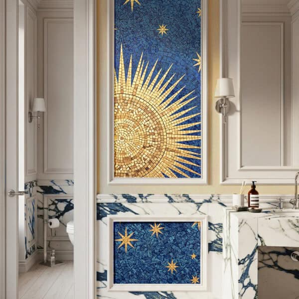 Starlit Sunburst Mosaic mosaic wall panel featuring a radiant golden sunburst and scattered golden stars on a deep blue background, framed within marble bathroom walls.