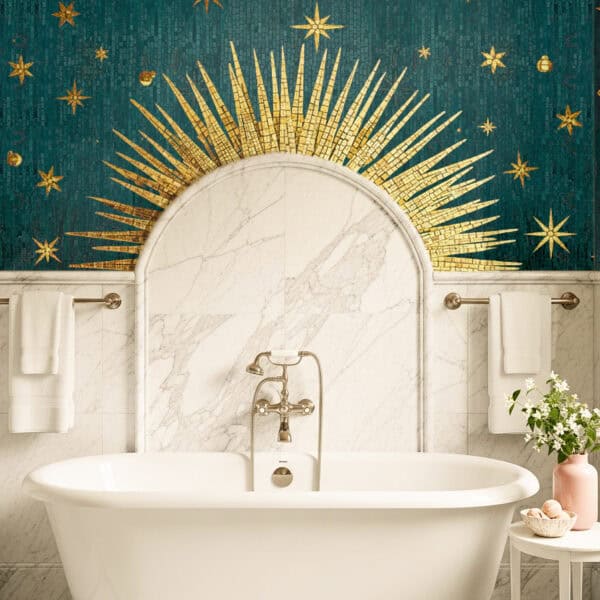 Sunlit Majesty Mosaic Artwork Luxury bathroom mosaic wall featuring a radiant golden sunburst with surrounding celestial stars on a deep teal background above a freestanding bathtub.