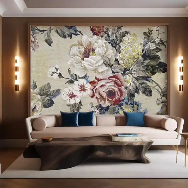 Timeless Elegance Floral Mural Mosaic mural featuring large detailed floral blooms in white, red, yellow, and blue against a soft beige background.