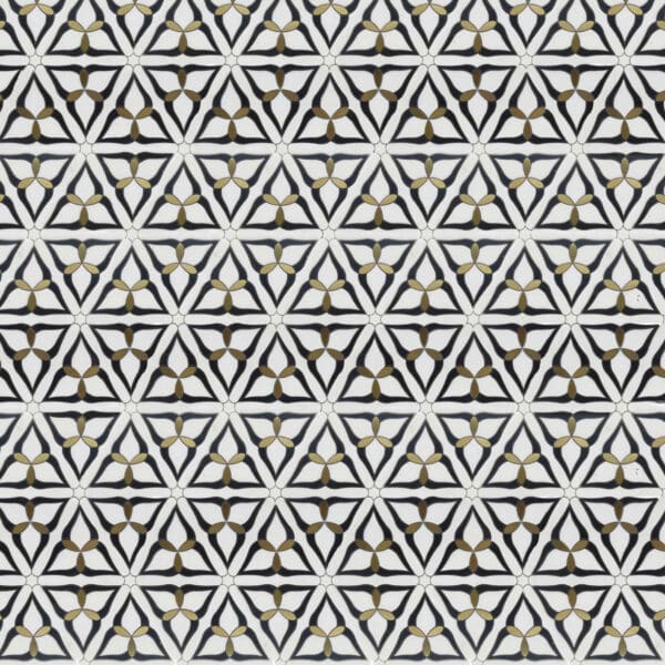 Trilight Petal Marble Mosaic Marble mosaic featuring interlocking triangular and floral motifs in white marble with black outlines and gold accents, creating a geometric and luxurious pattern.