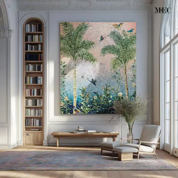 Tropical Birds Mosaic Mural Mosaic wall depicting tall palm trees, lush garden flowers, and colorful birds against a soft pastel sky inside a refined living room interior.