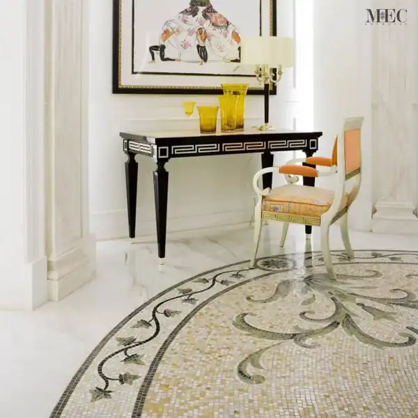 Verdant Elegance Mosaic Flooring Elegant circular floor mosaic with floral vine patterns in soft beige, green, and gold tones, designed as a timeless ornamental rug tile.