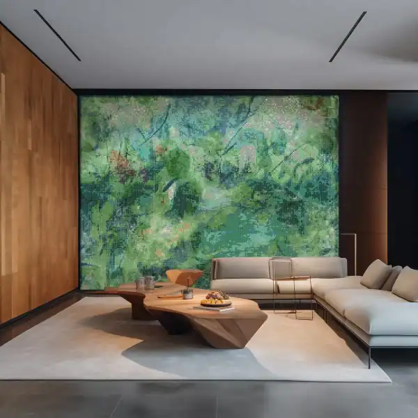 Verdant Green Abstract Mosaic Mural Abstract wall mosaic mural with layered green tones, resembling foliage and natural textures, handcrafted from glass mosaic tiles.