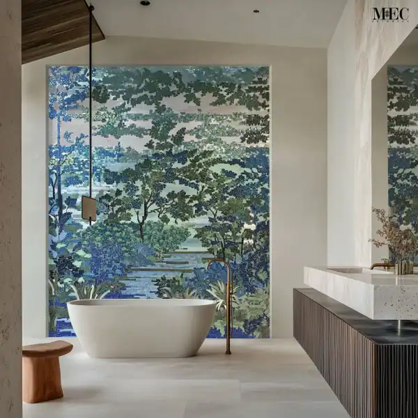 Verdant Serenity Mosaic Mural Bathroom mosaic mural with blue and green glass tiles depicting a forest landscape, designed for luxury shower and spa walls.