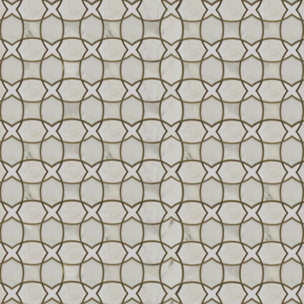 Verona Cross Marble Mosaic. White marble mosaic featuring interlocking circular patterns outlined in gold, creating a geometric and elegant lattice design