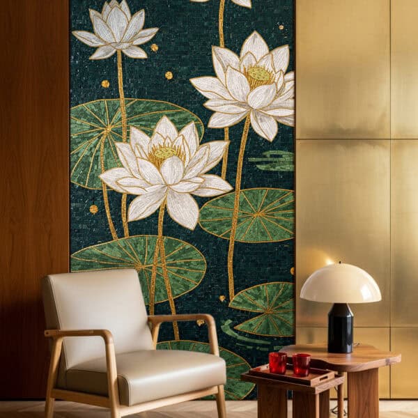 White Lotus Mosaic Mural Handcrafted mosaic mural of white lotus flowers with golden stems and green lily pads on a deep emerald background, perfect for bathroom or spa wall décor.